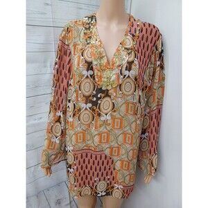 Victor Costa Chiffon Top Orange Black Beige Semi Sheer Sz 2X